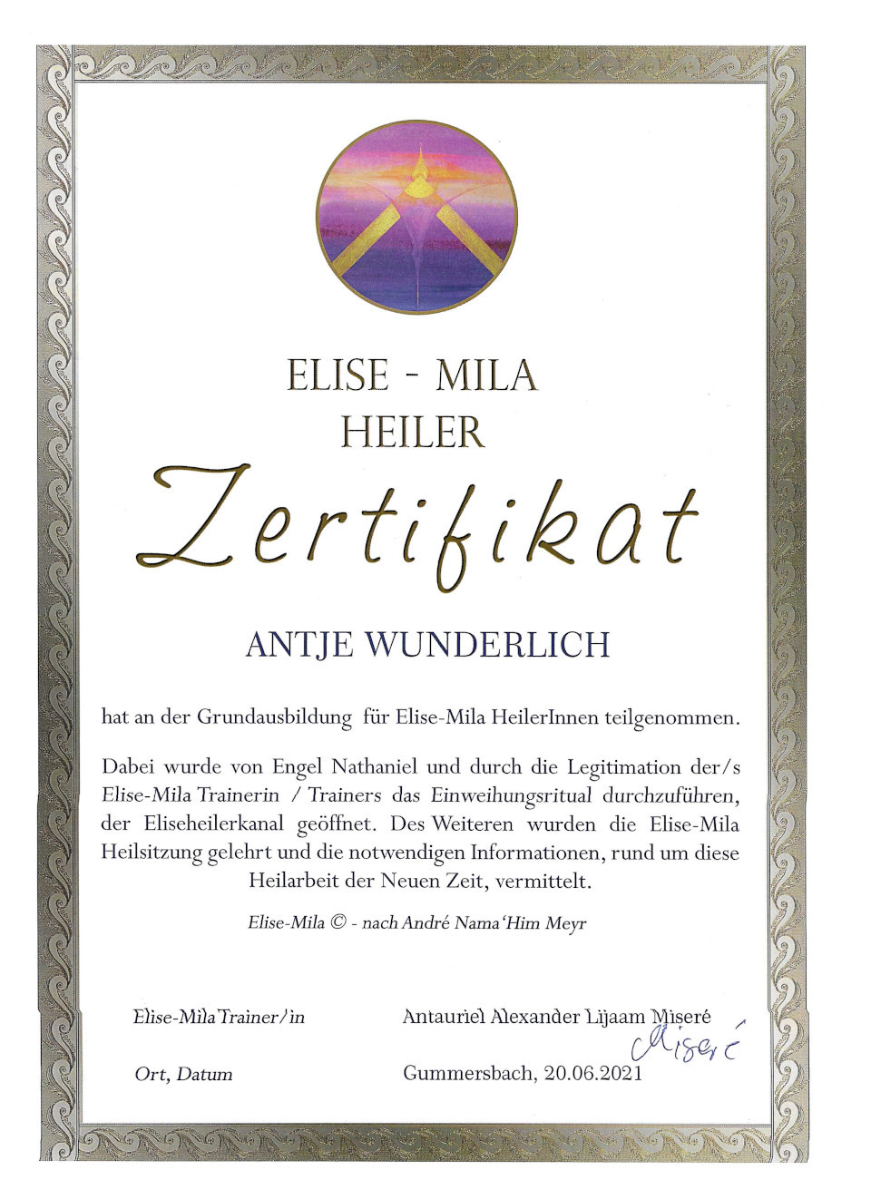 Zertifikat Elise Energie Heiler