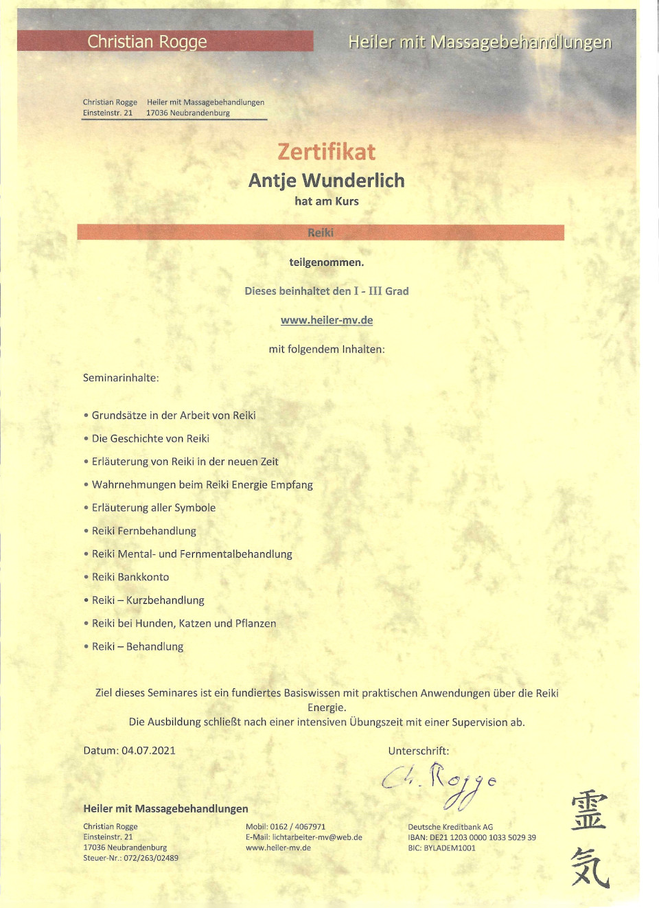 Zertifikat Reiki